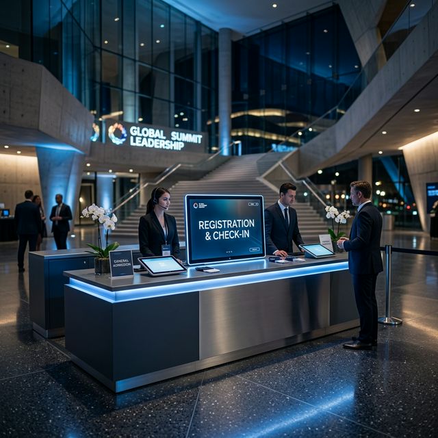 Profesjonell innsjekksskranke i et moderne kontorbygg